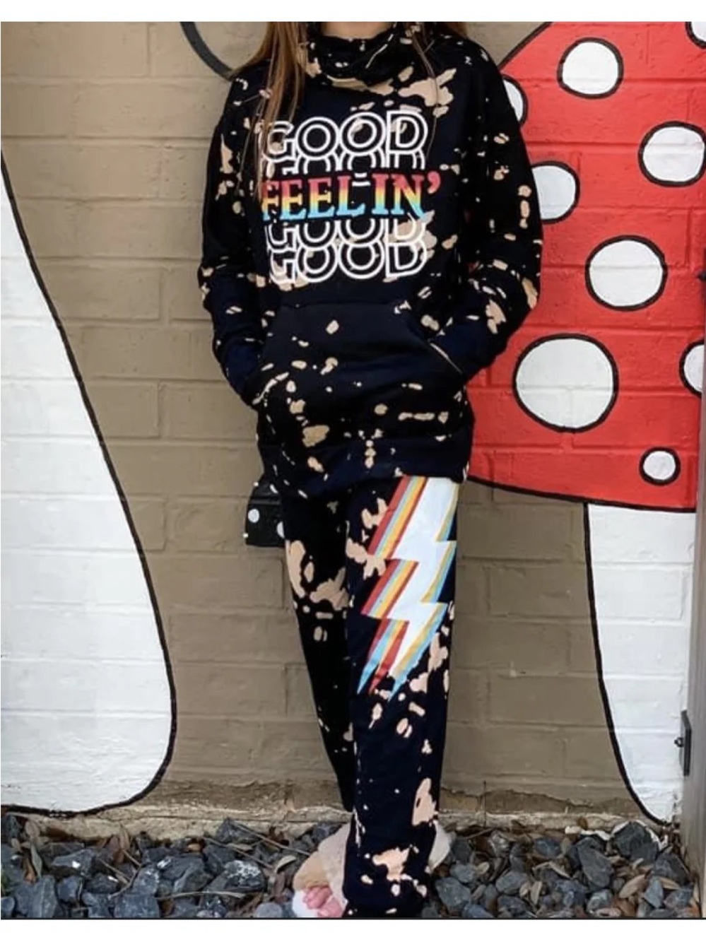 Black Bleach-Splatter 'Feelin' Good' Hoodie & Lightning Joggers Set
